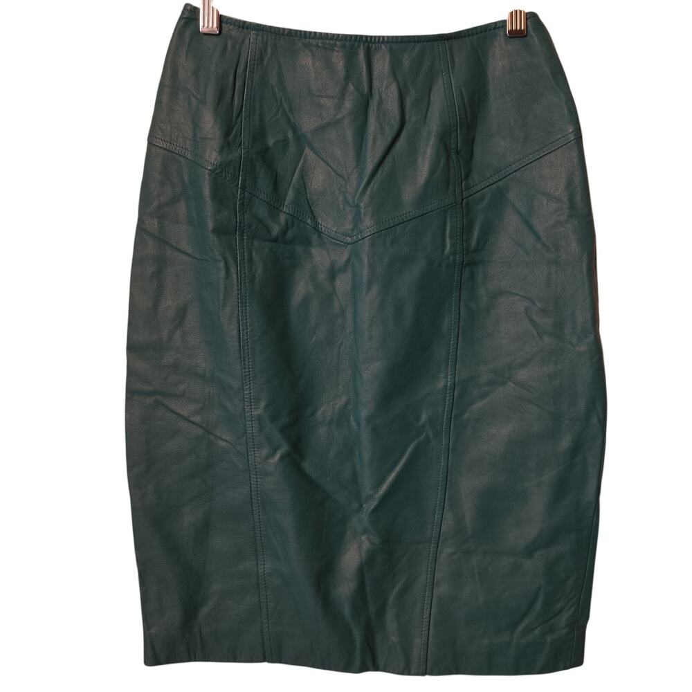 Vintage 80s Chia Teal Green Leather Skirt Size 4 Midi Pencil Below Knee